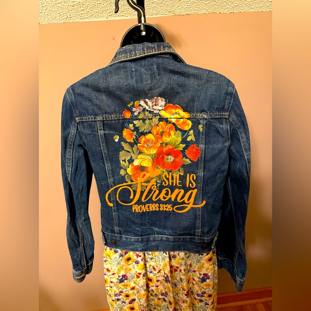 Custom 1 of a kind women’s size small She Is Strong denim jacket